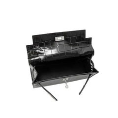 Croc-Embossed Leather Satchel with Padlock Accent