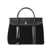 Suede and Leather Top Handle Satchel with Gold Lock Accent