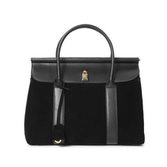 Suede and Leather Top Handle Satchel with Gold Lock Accent