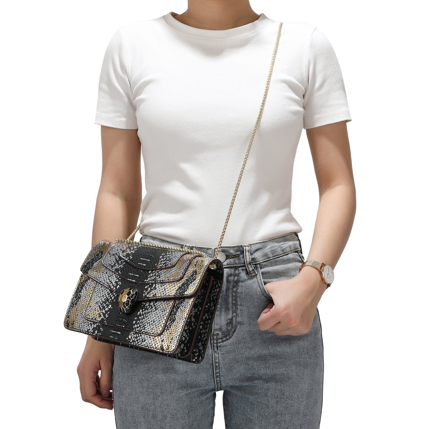 Snake-pattern Printed Leather Shoulder Bag