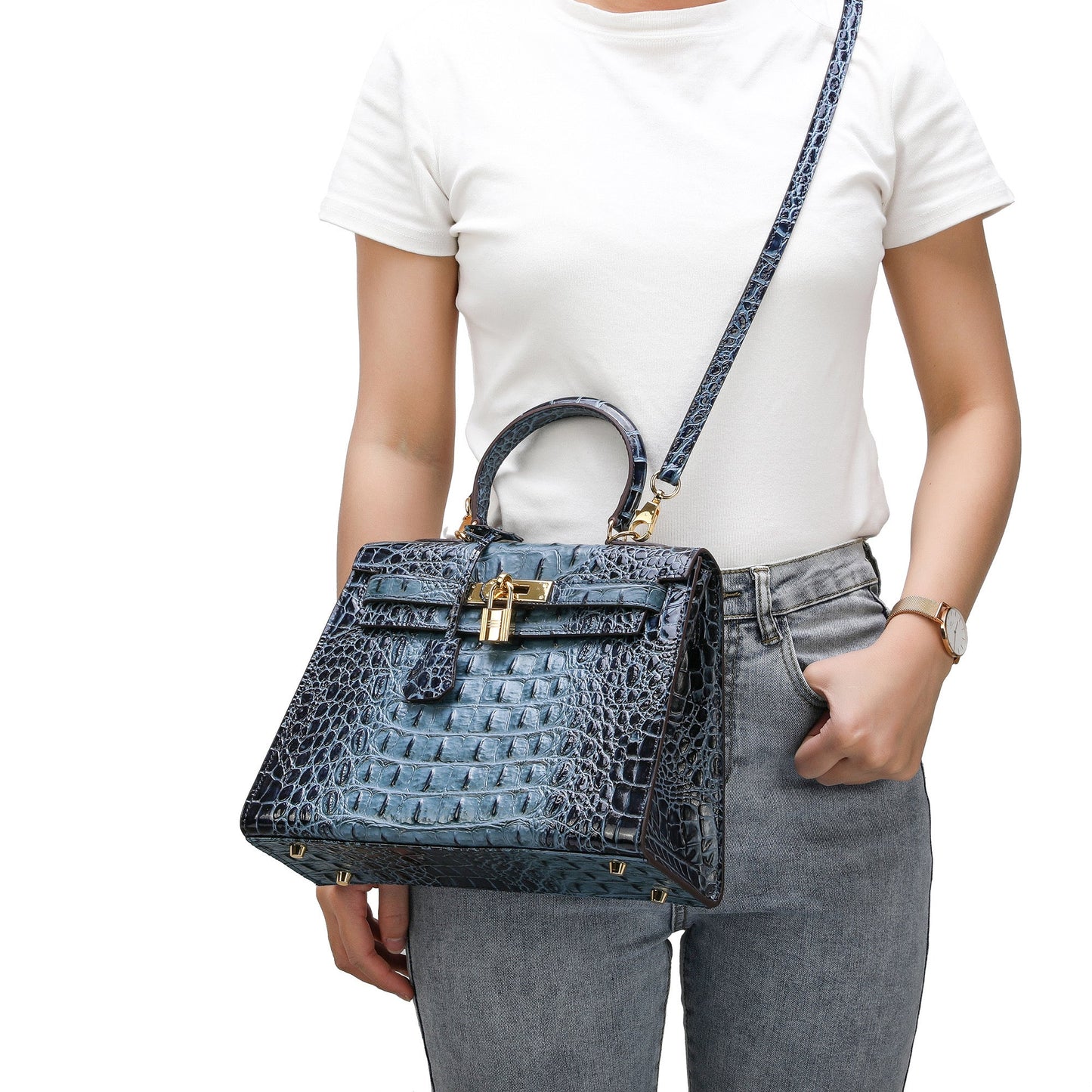 Alligator Embossed Leather Satchel/Shoulder Bag
