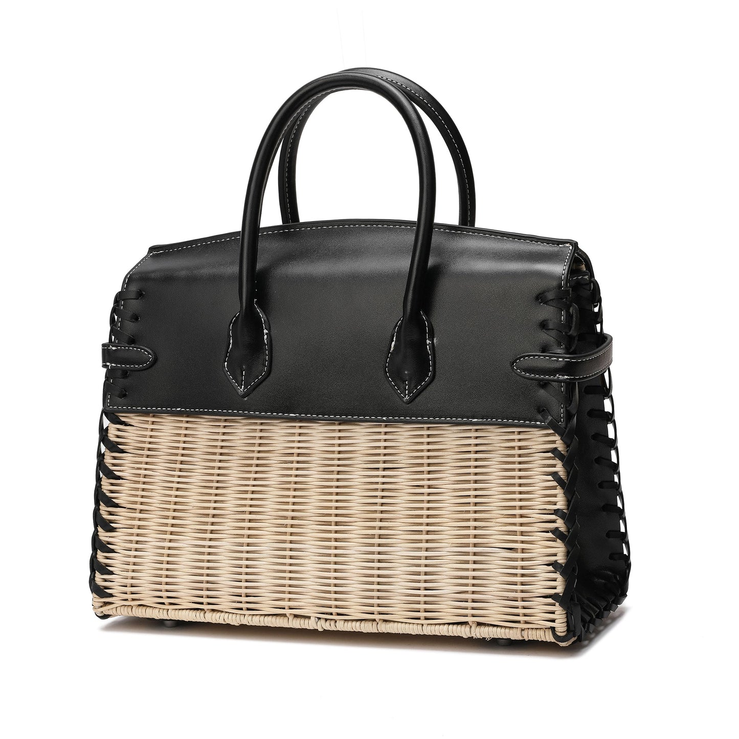 Smooth-Leather & Straw Top-Handle Bag