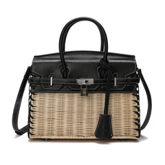 Smooth-Leather & Straw Top-Handle Bag