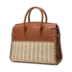 Smooth-Leather & Straw Top-Handle Bag