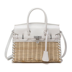 Smooth-Leather & Straw Top-Handle Bag