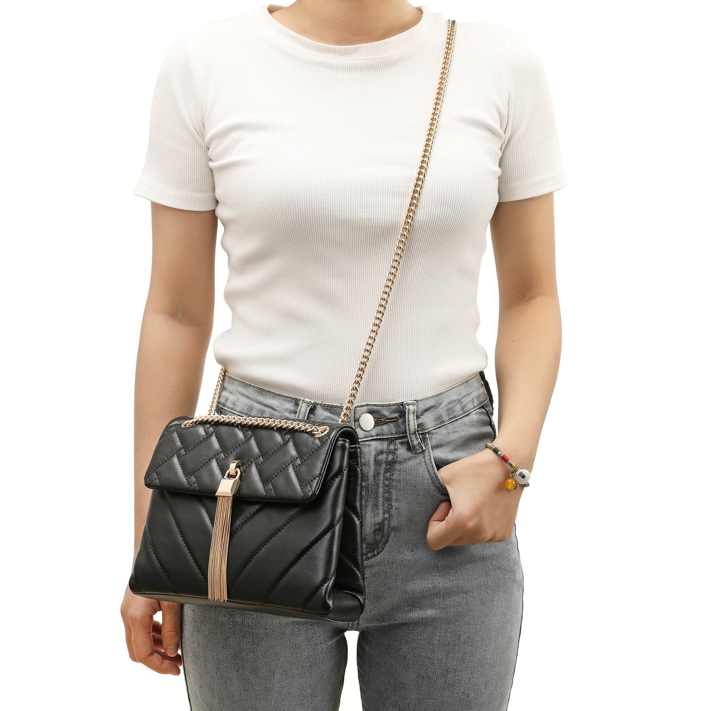 Quilted Sheepskin Tassel Crossbody