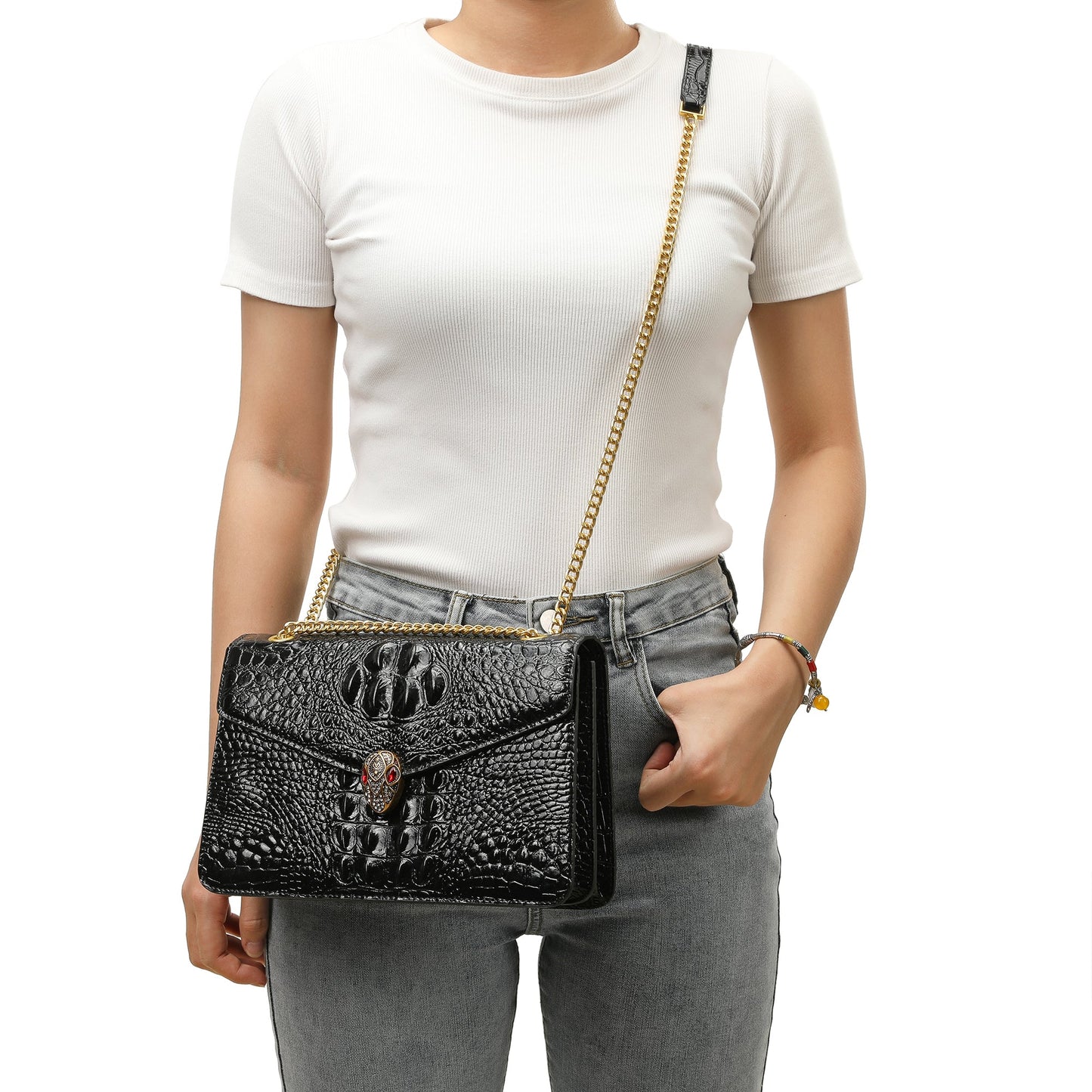 Alligator Embossed Leather Shoulder Bag