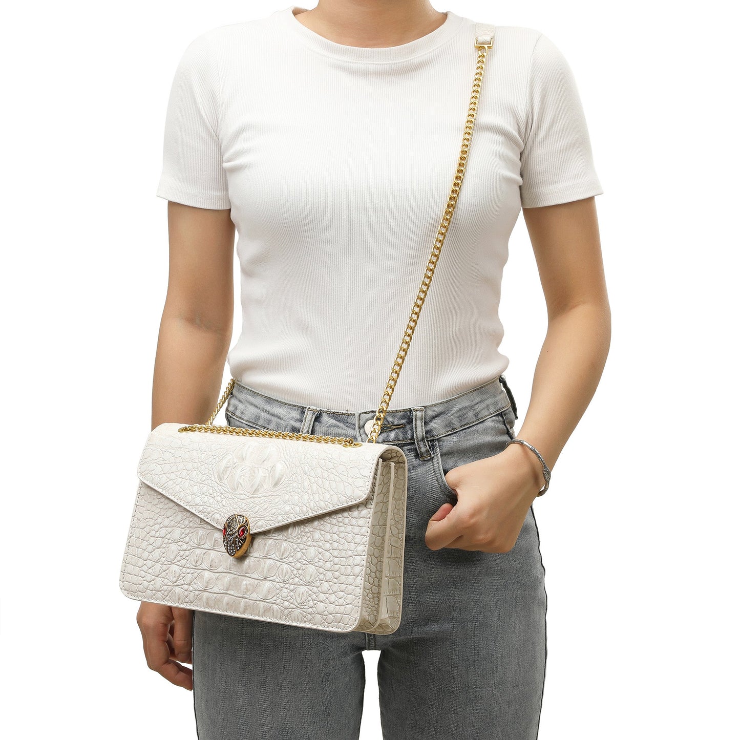 Alligator Embossed Leather Shoulder Bag