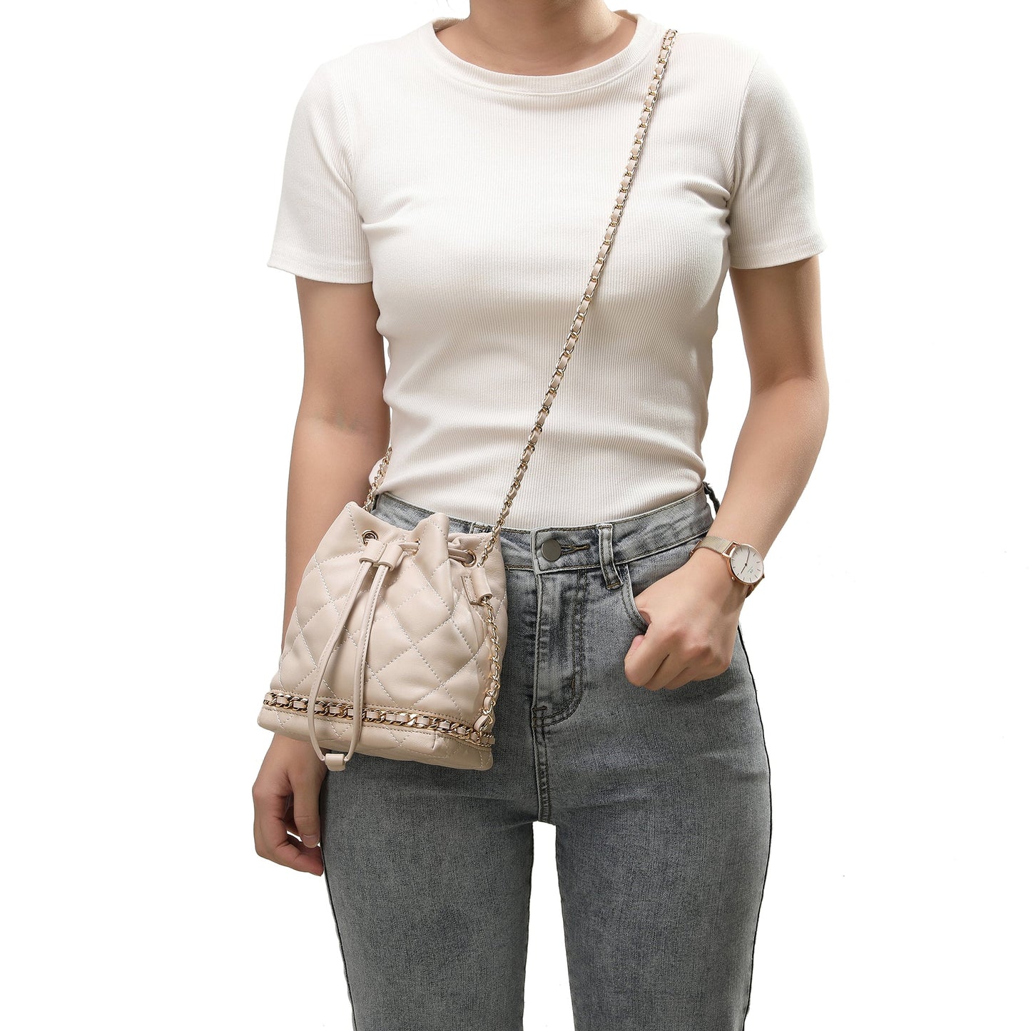 Full-Grain Quilted Lambskin Leather Drawstring Bag