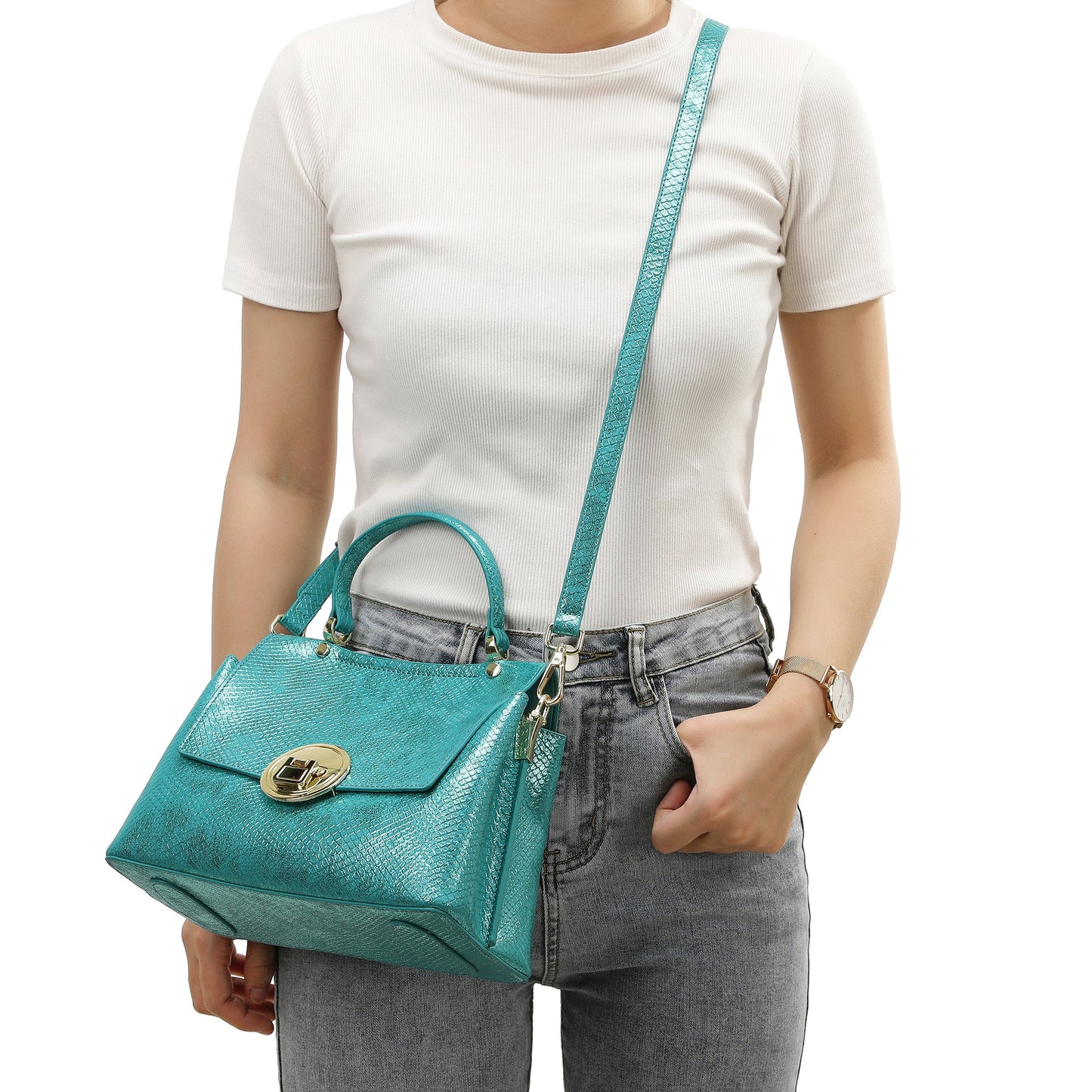Snake Printed Leather Satchel Bag