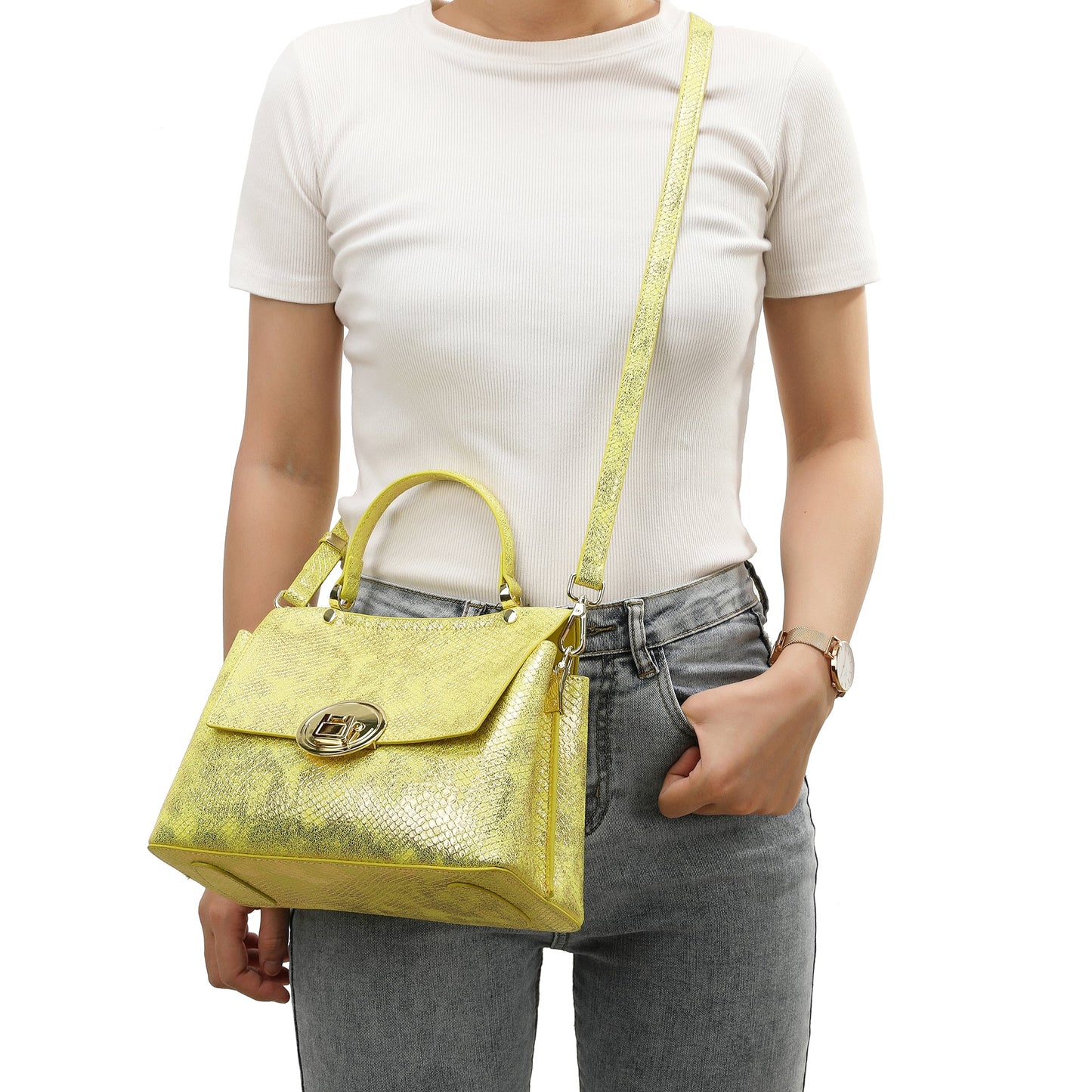 Snake Printed Leather Satchel Bag