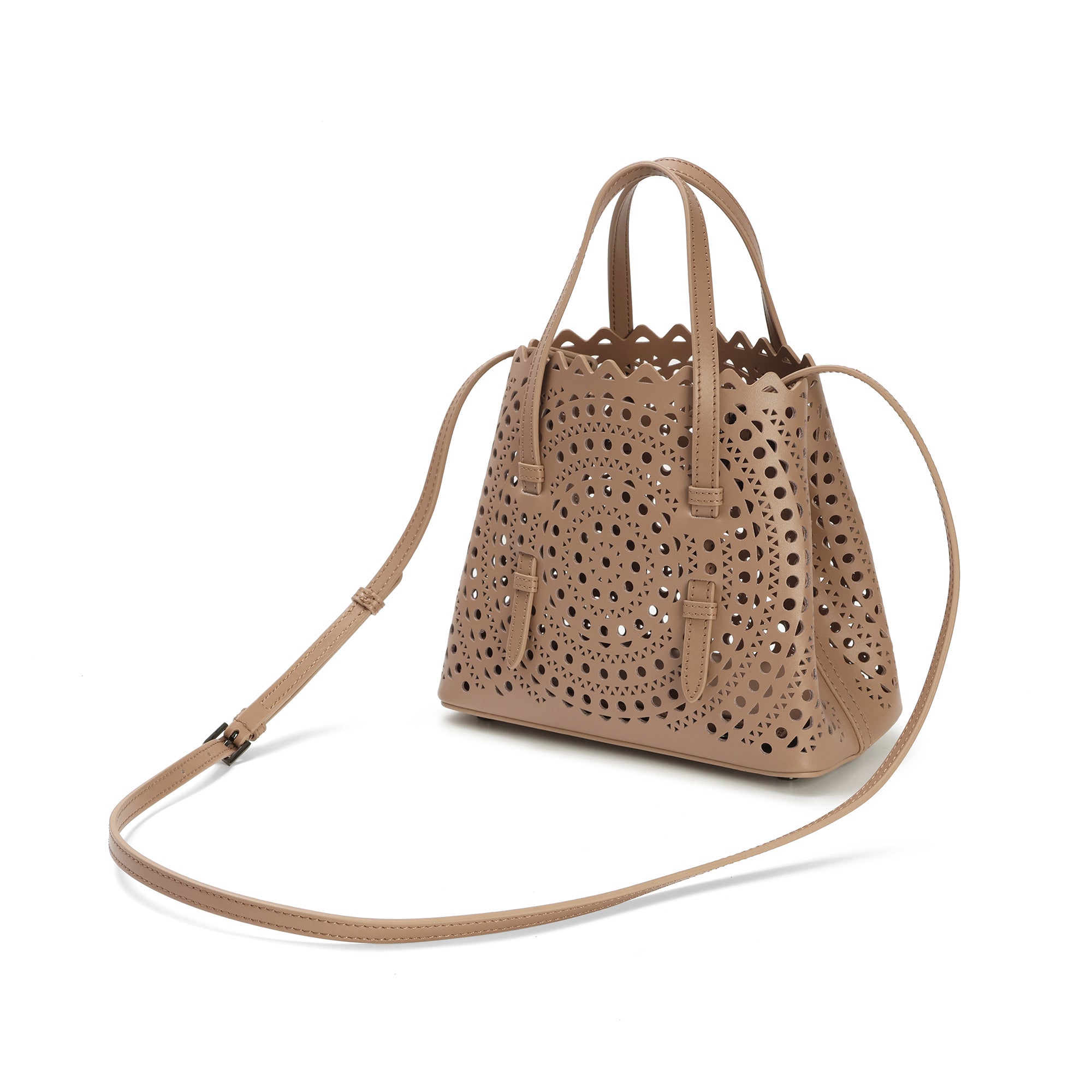 Laser-Cut Leather Mini Tote with Scalloped Edge