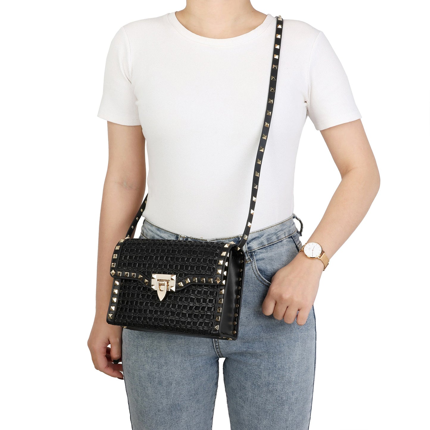 Luxe Studded Woven Crossbody Bag