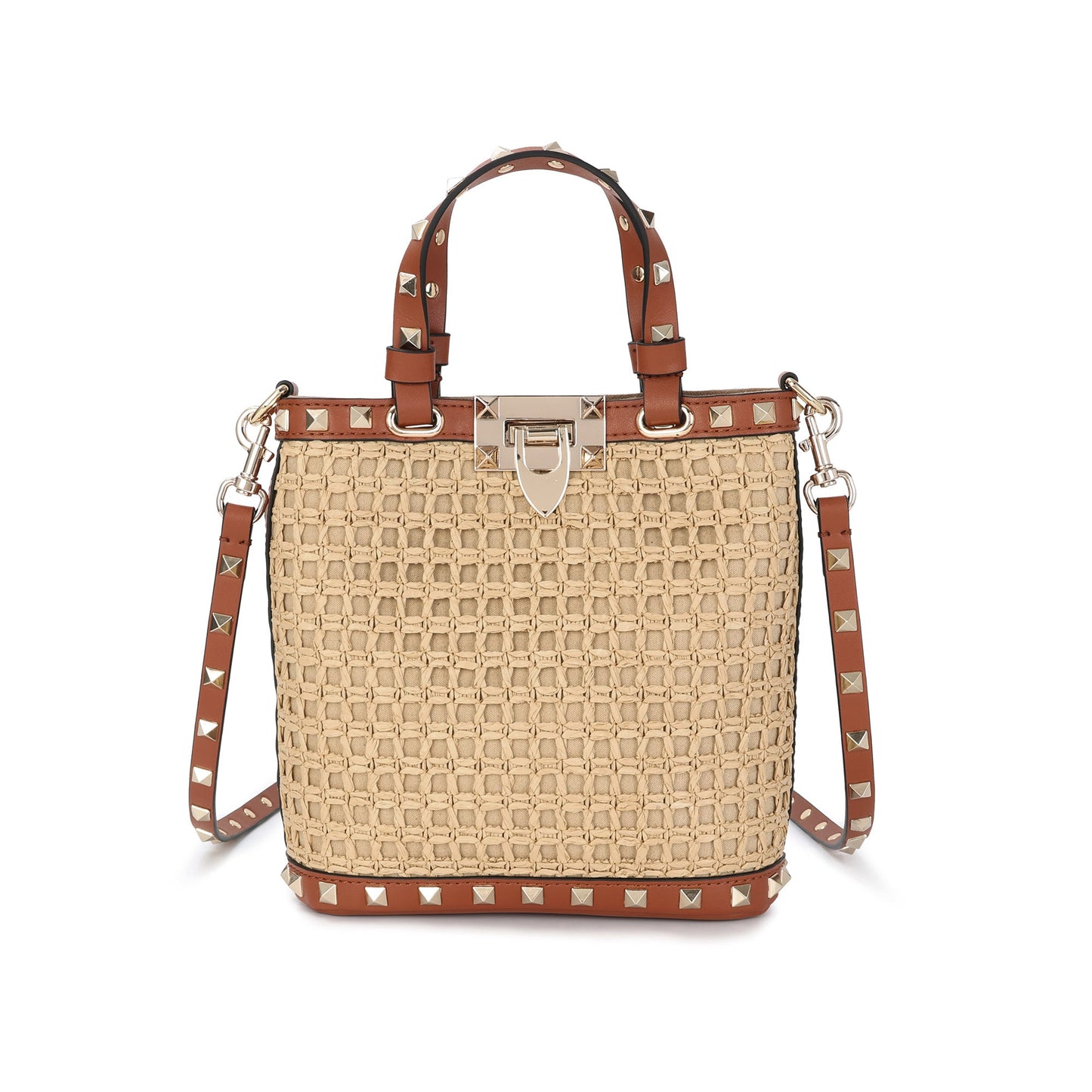 Elegant Woven Tote with Studded Leather Accents