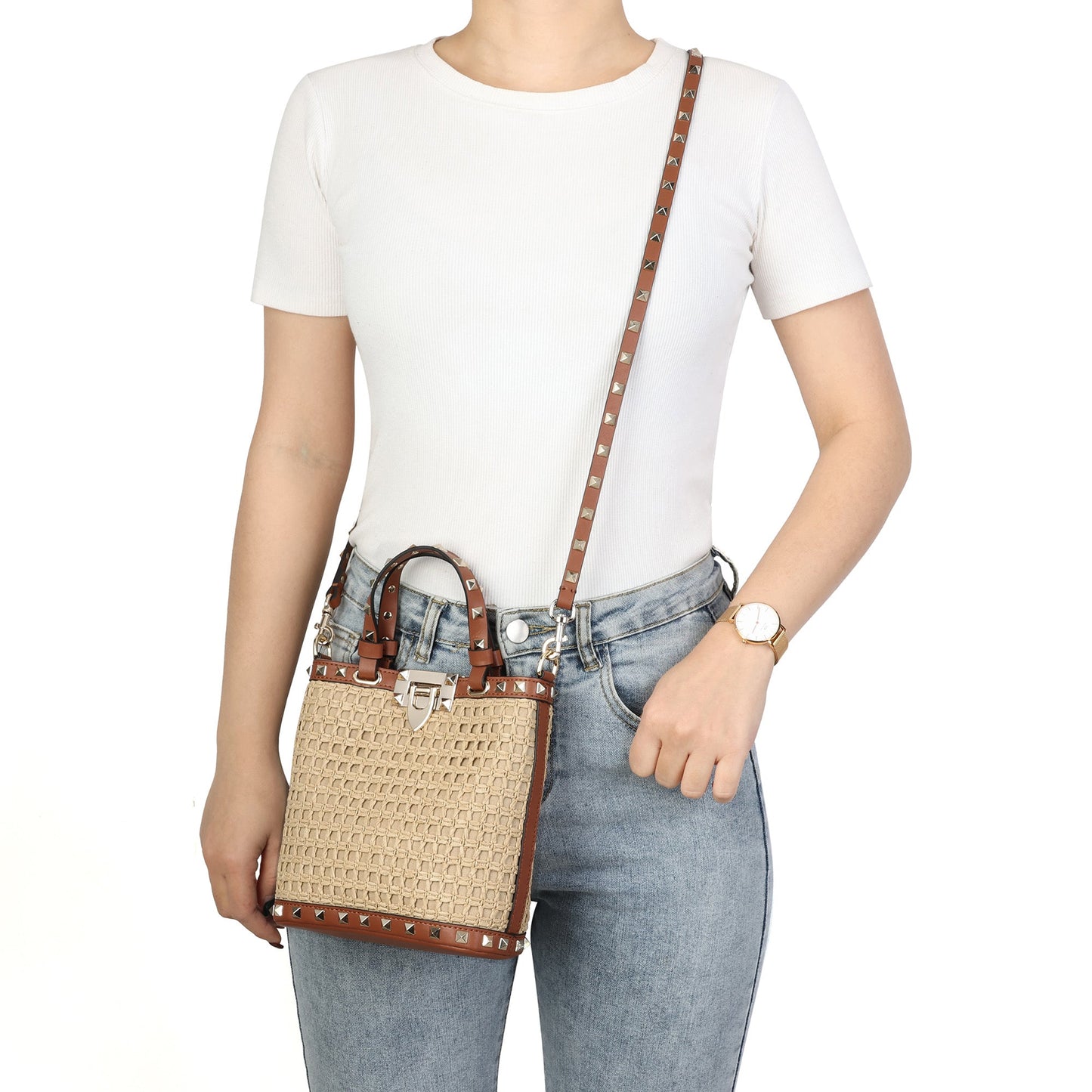 Elegant Woven Tote with Studded Leather Accents