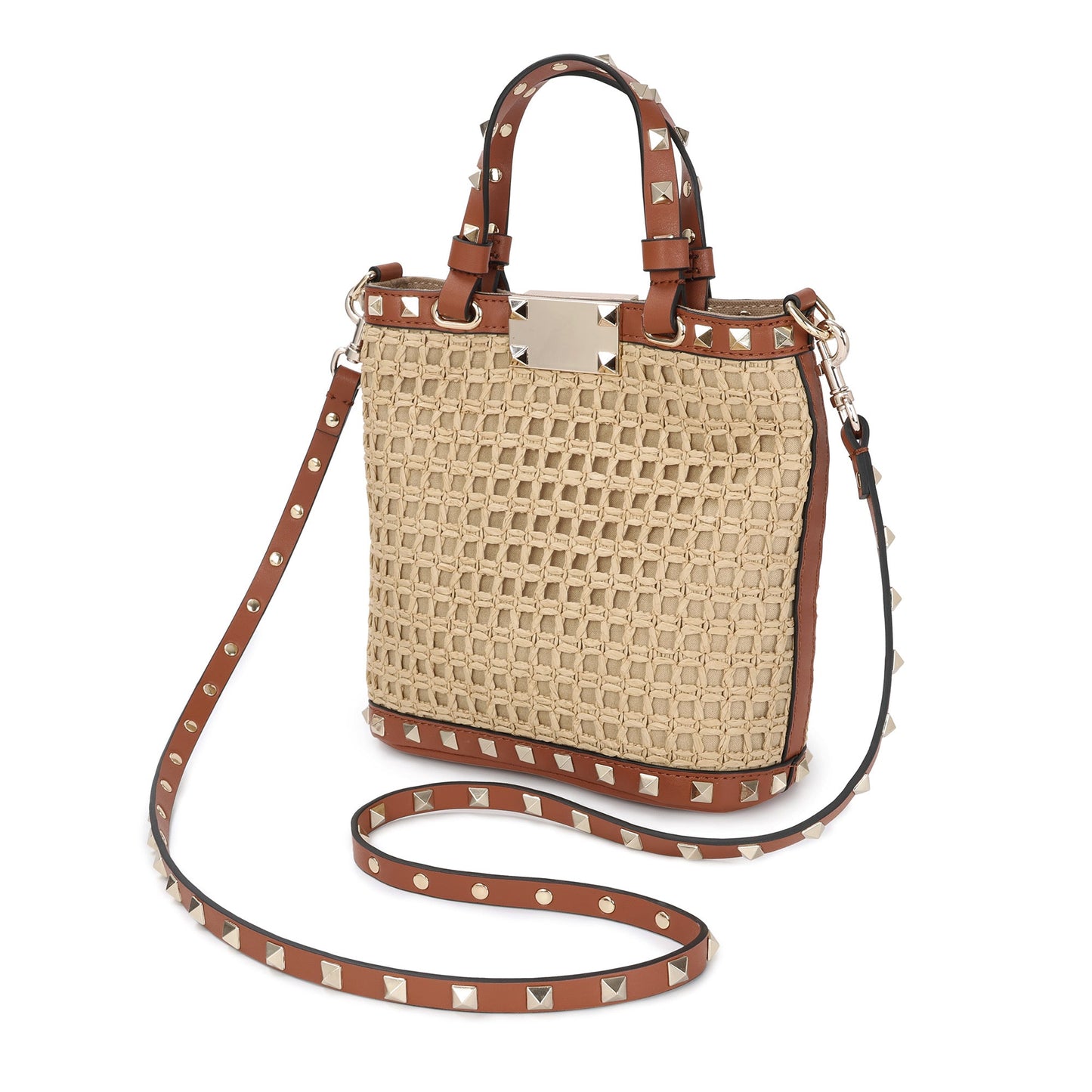 Elegant Woven Tote with Studded Leather Accents