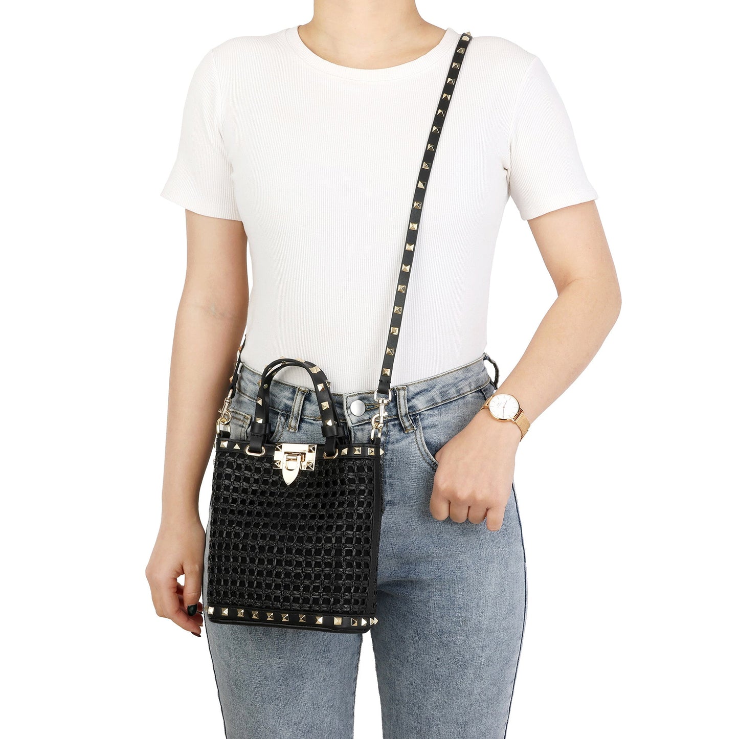 Elegant Woven Tote with Studded Leather Accents