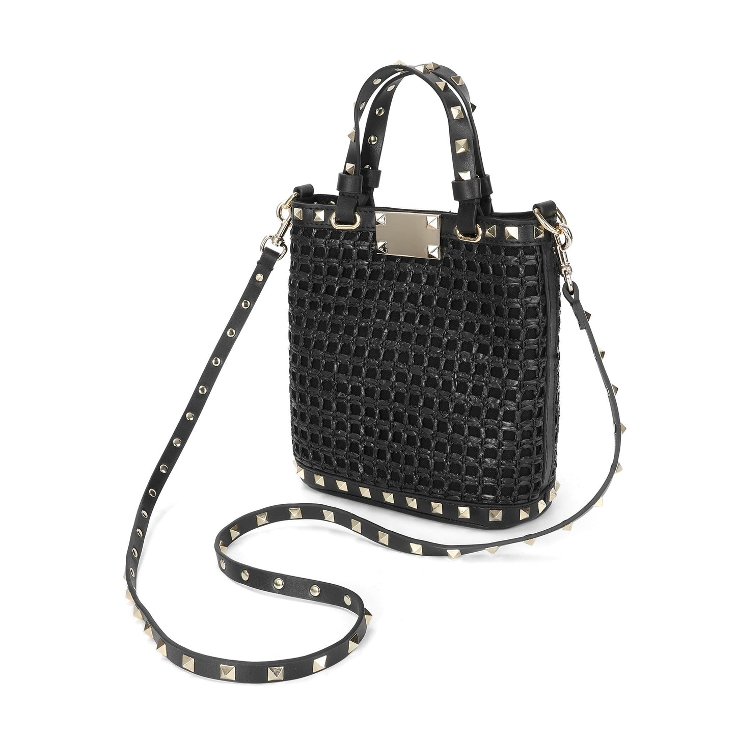 Elegant Woven Tote with Studded Leather Accents