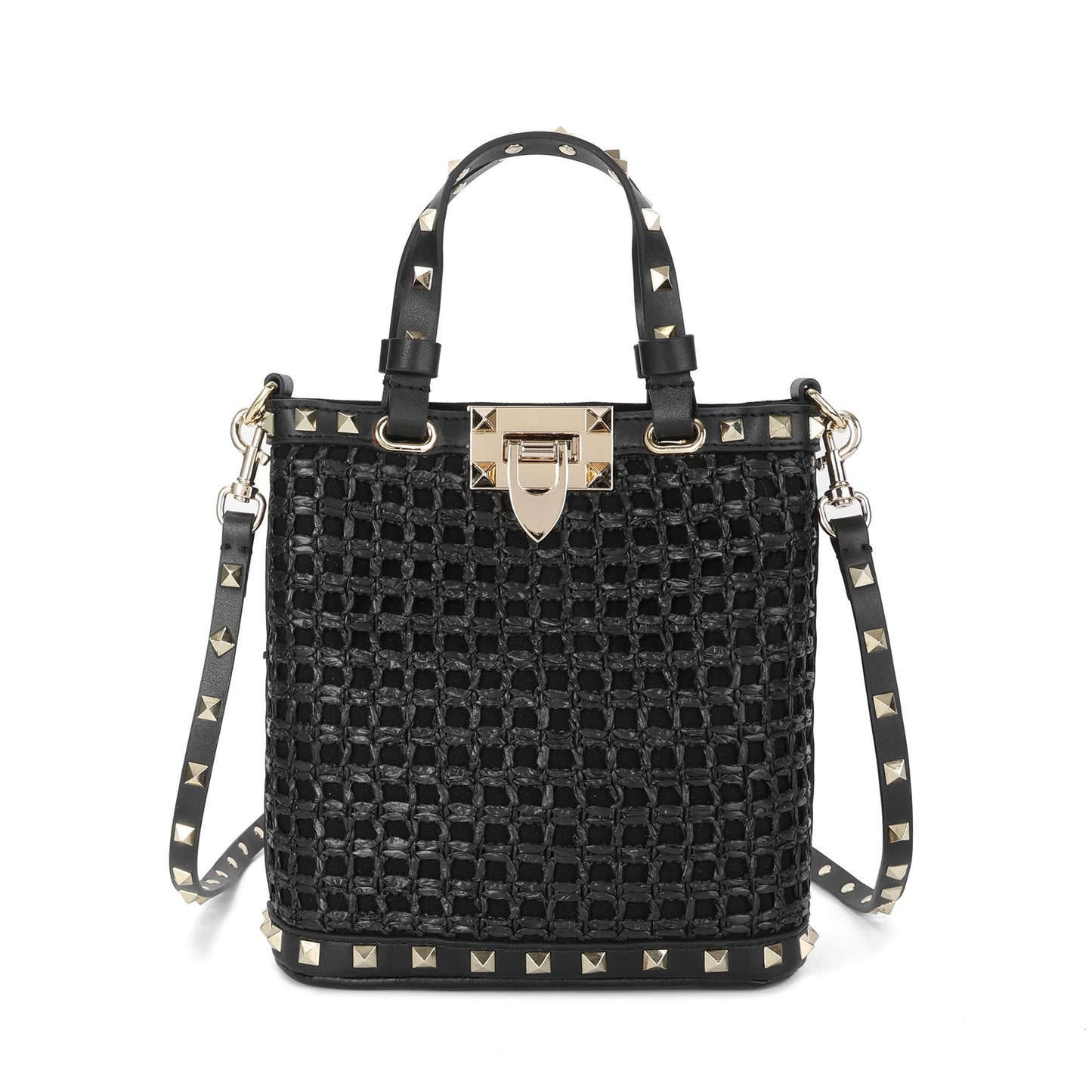 Elegant Woven Tote with Studded Leather Accents