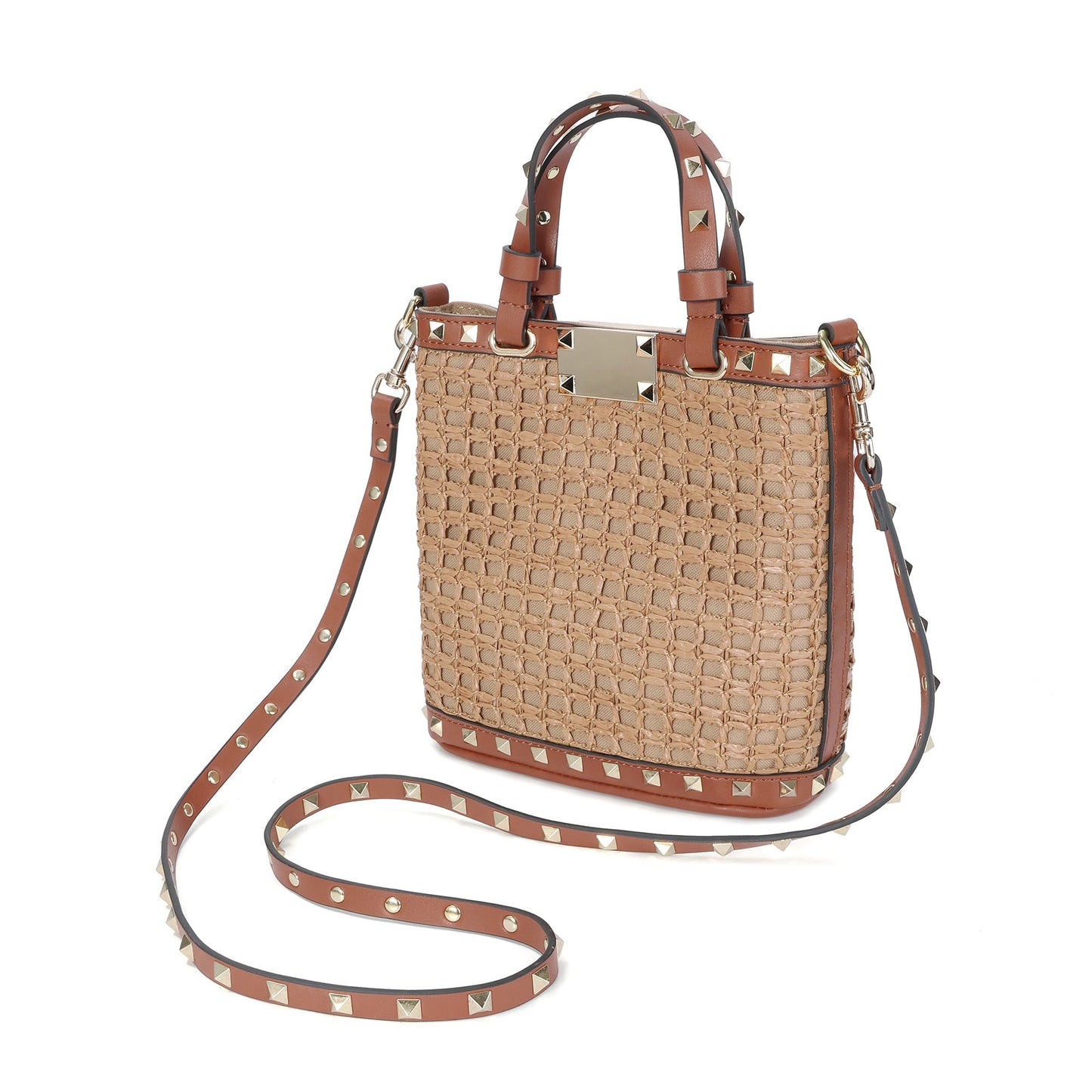 Elegant Woven Tote with Studded Leather Accents