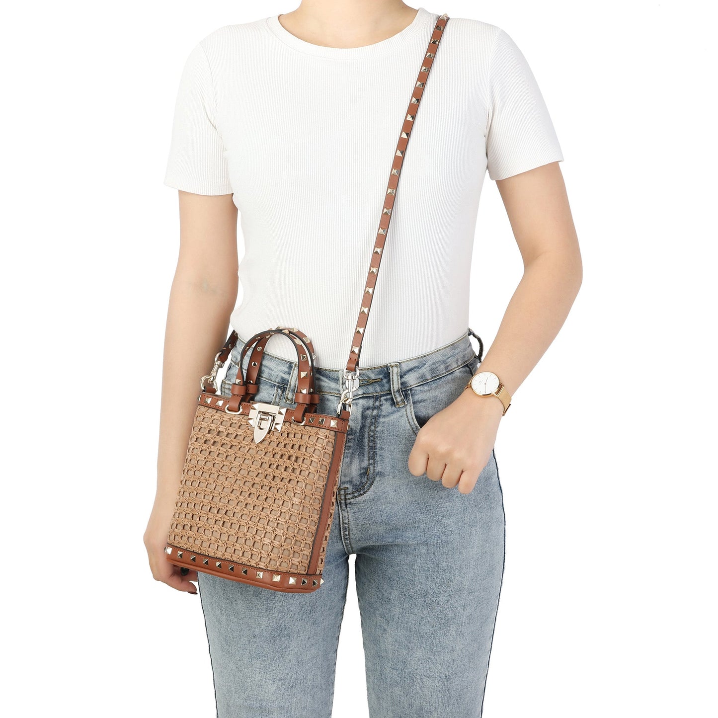 Elegant Woven Tote with Studded Leather Accents