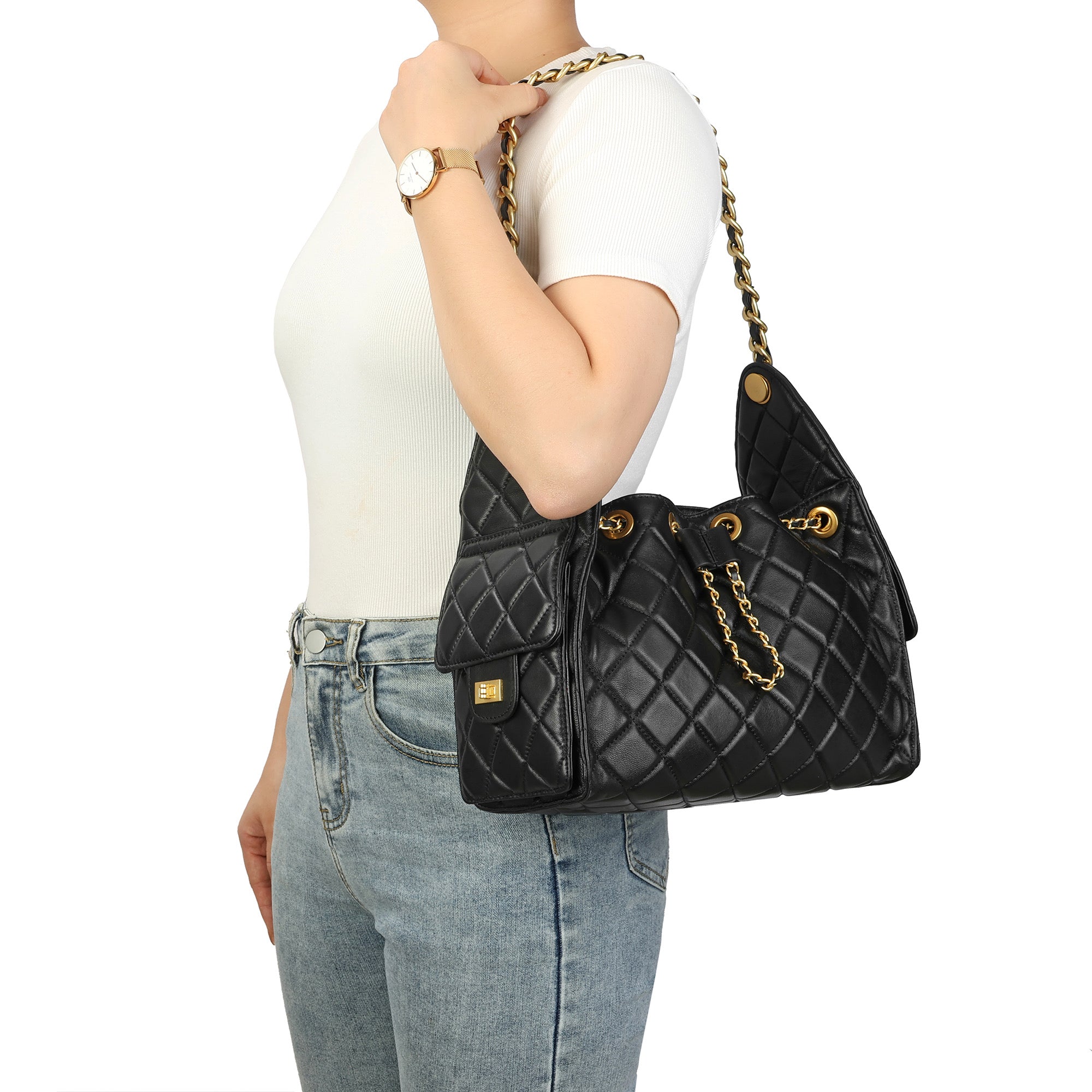 Quilted Sheepskin Leather Shoulder Bag with Chain Strap