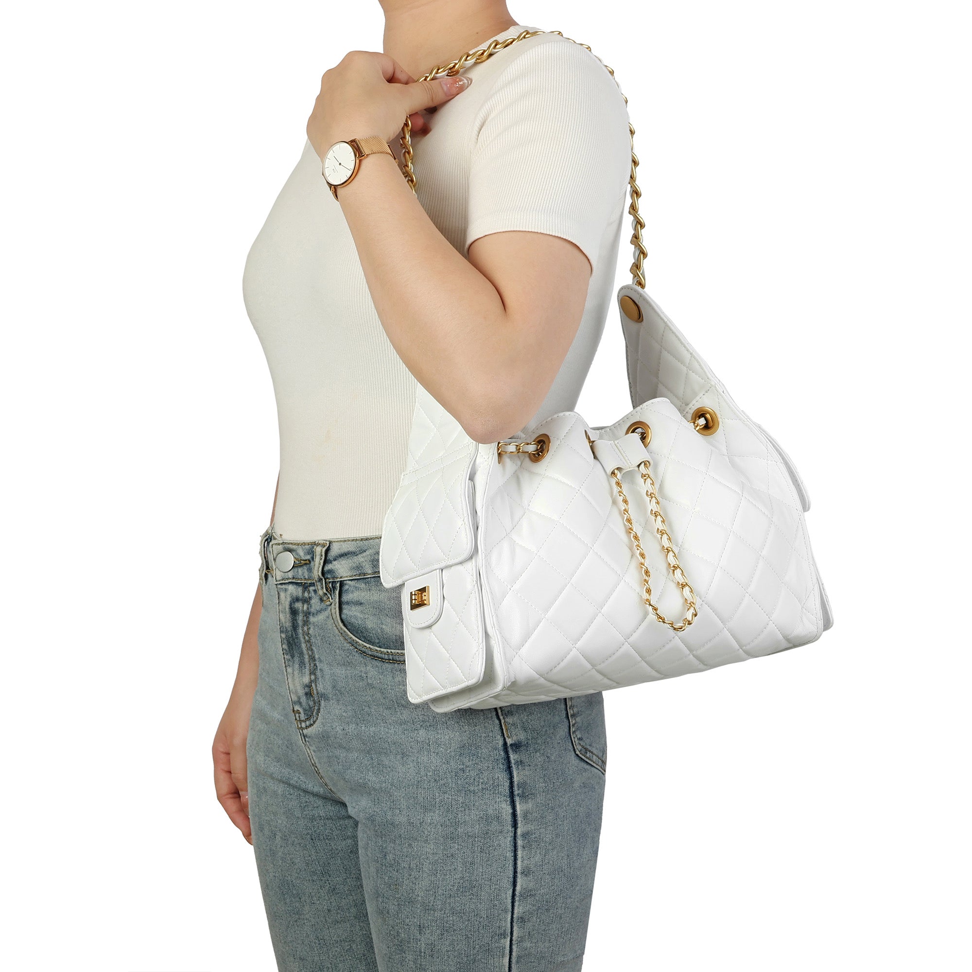 Quilted Sheepskin Leather Shoulder Bag with Chain Strap