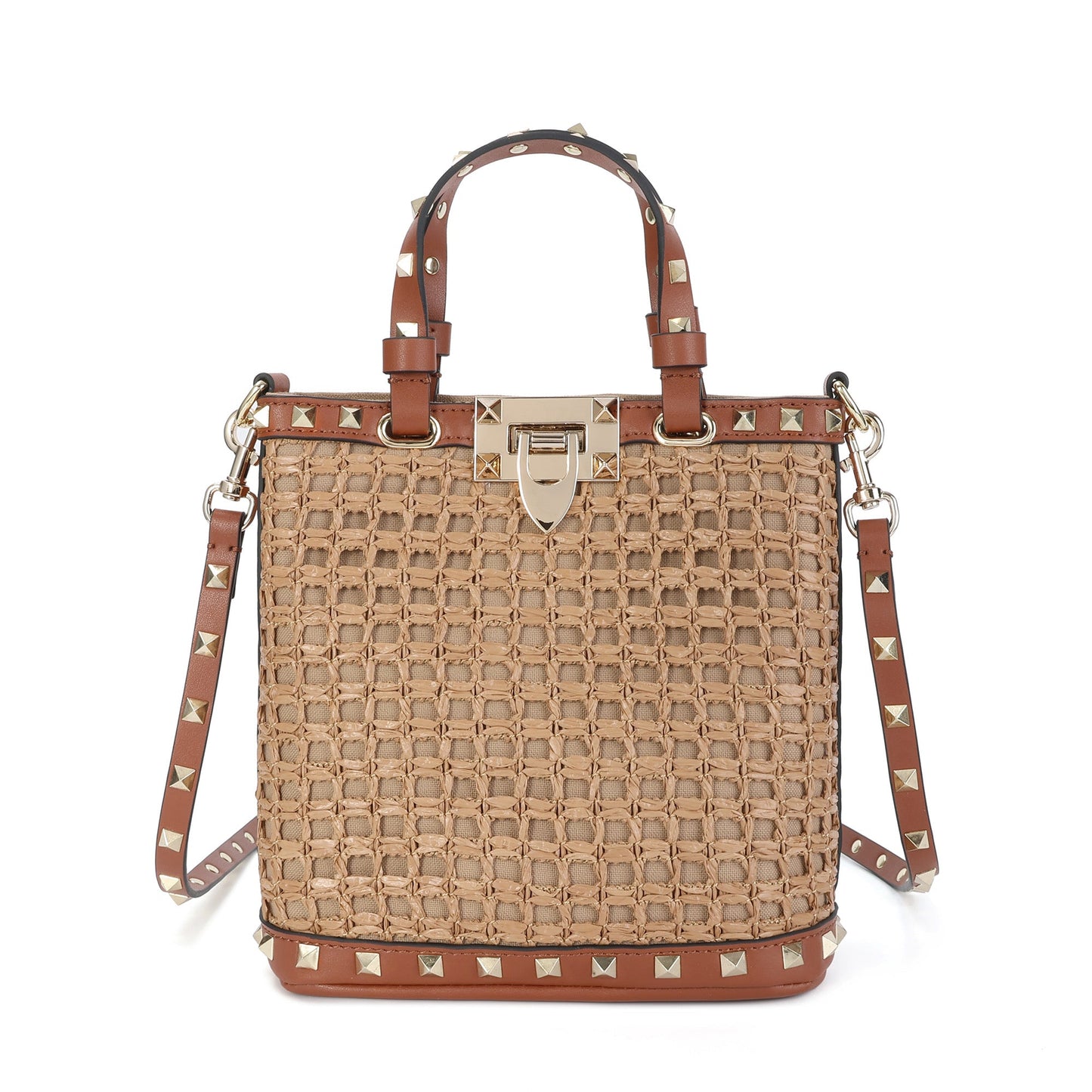 Elegant Woven Tote with Studded Leather Accents