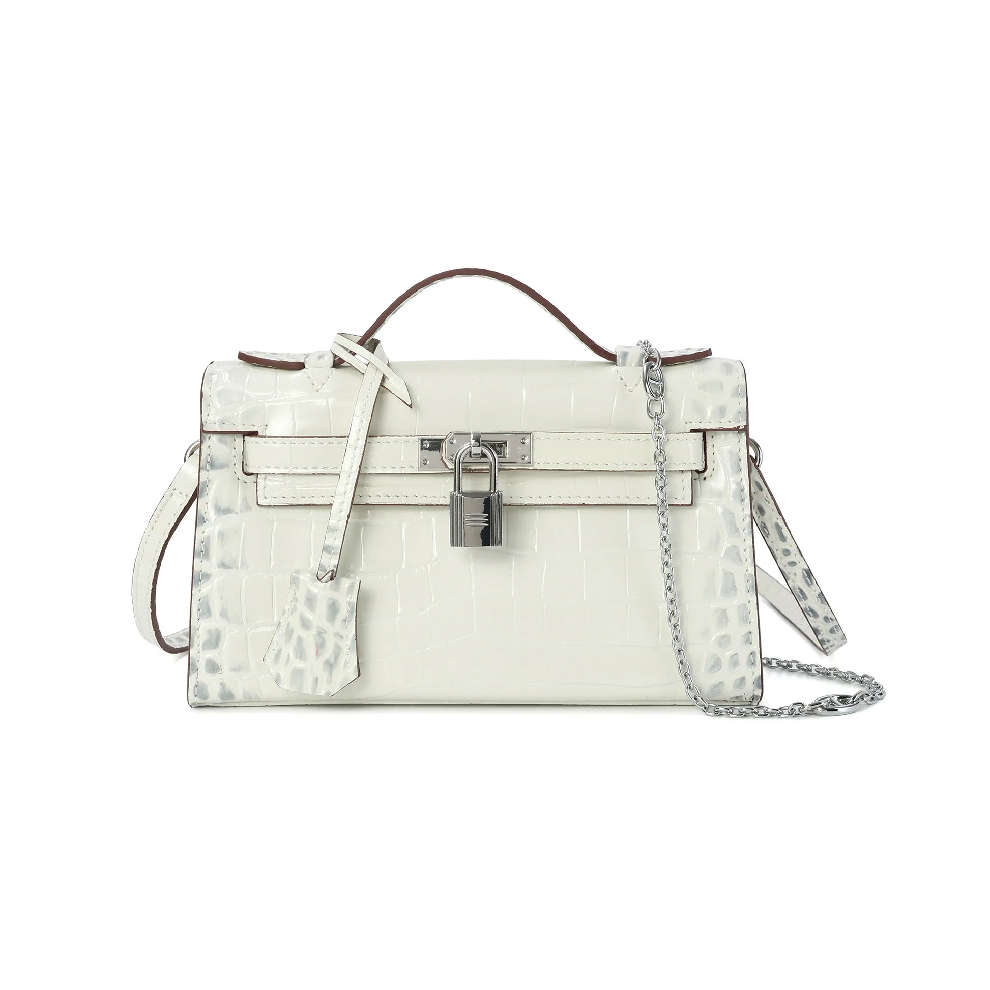 Croc-Embossed Leather Satchel with Padlock Accent