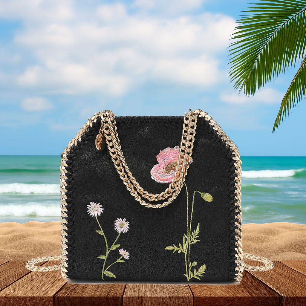 Flowered Embroidered Suede Chain Handbag