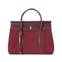 Suede and Leather Top Handle Satchel with Gold Lock Accent