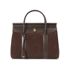 Suede and Leather Top Handle Satchel with Gold Lock Accent