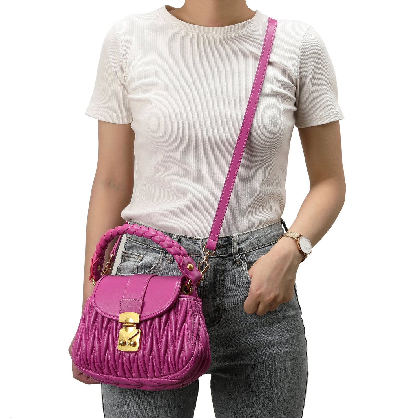 Pleated Sheepskin Leather Shoulder Bag