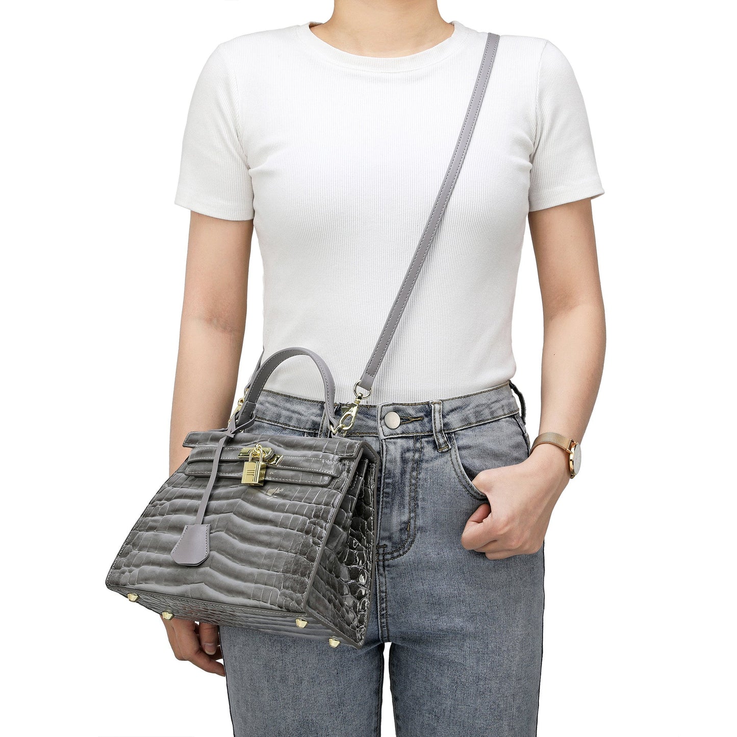 Alligator Embossed Leather top-handle Satchel/Shoulder Bag