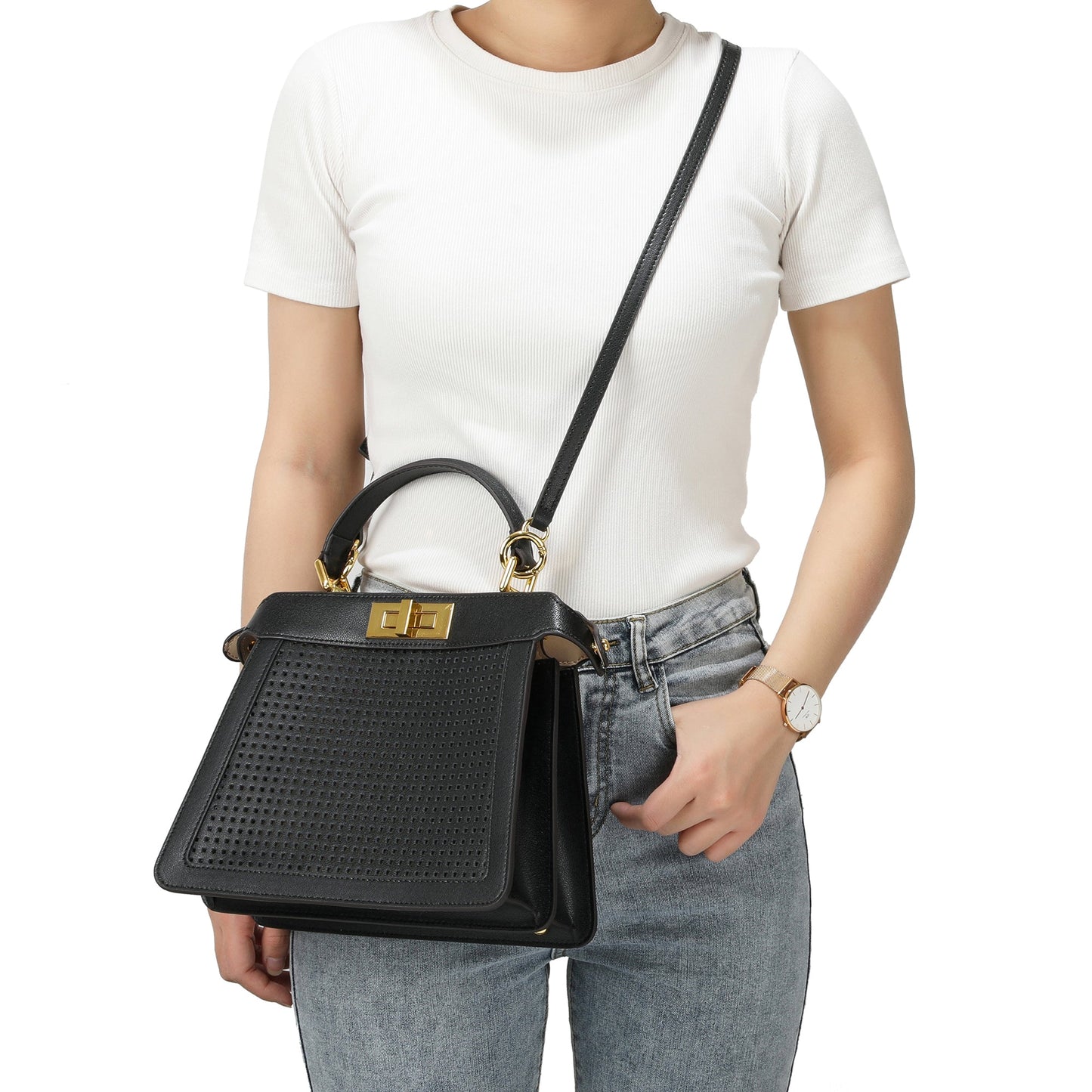 Perforated Smooth Leather Top-Handle Bag