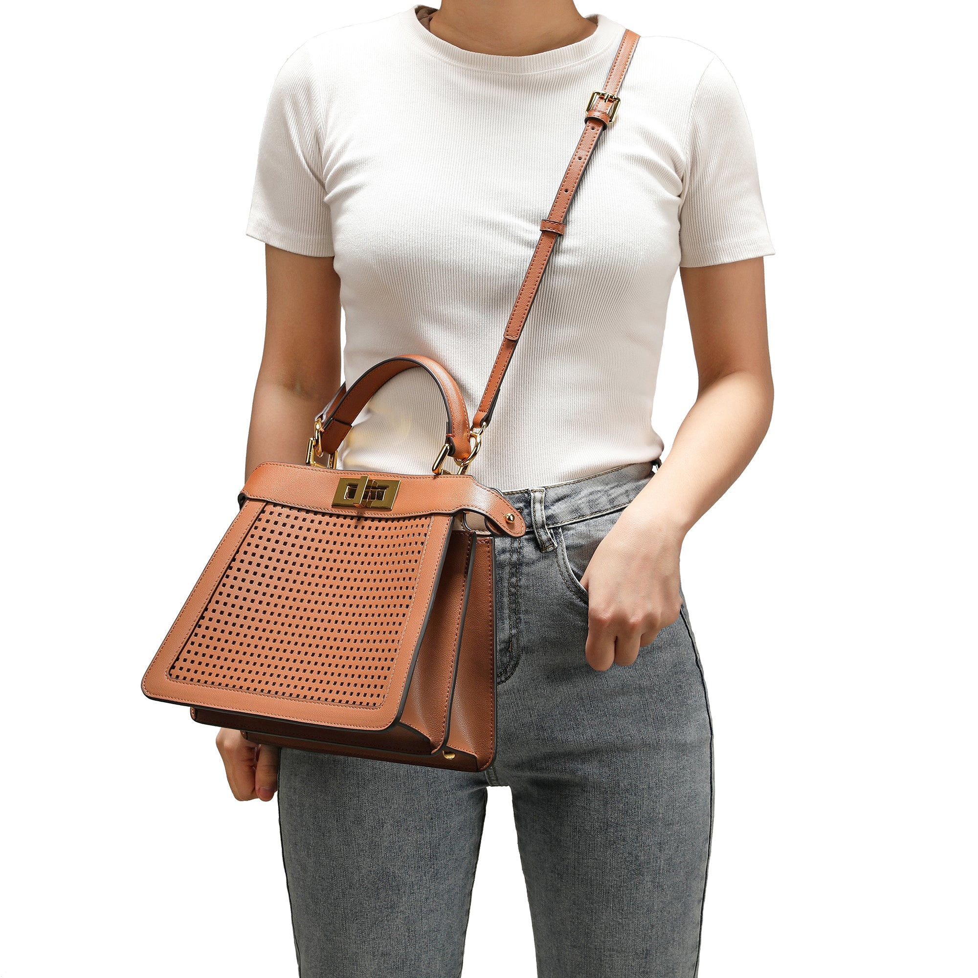 Perforated Smooth Leather Top Handle Bag