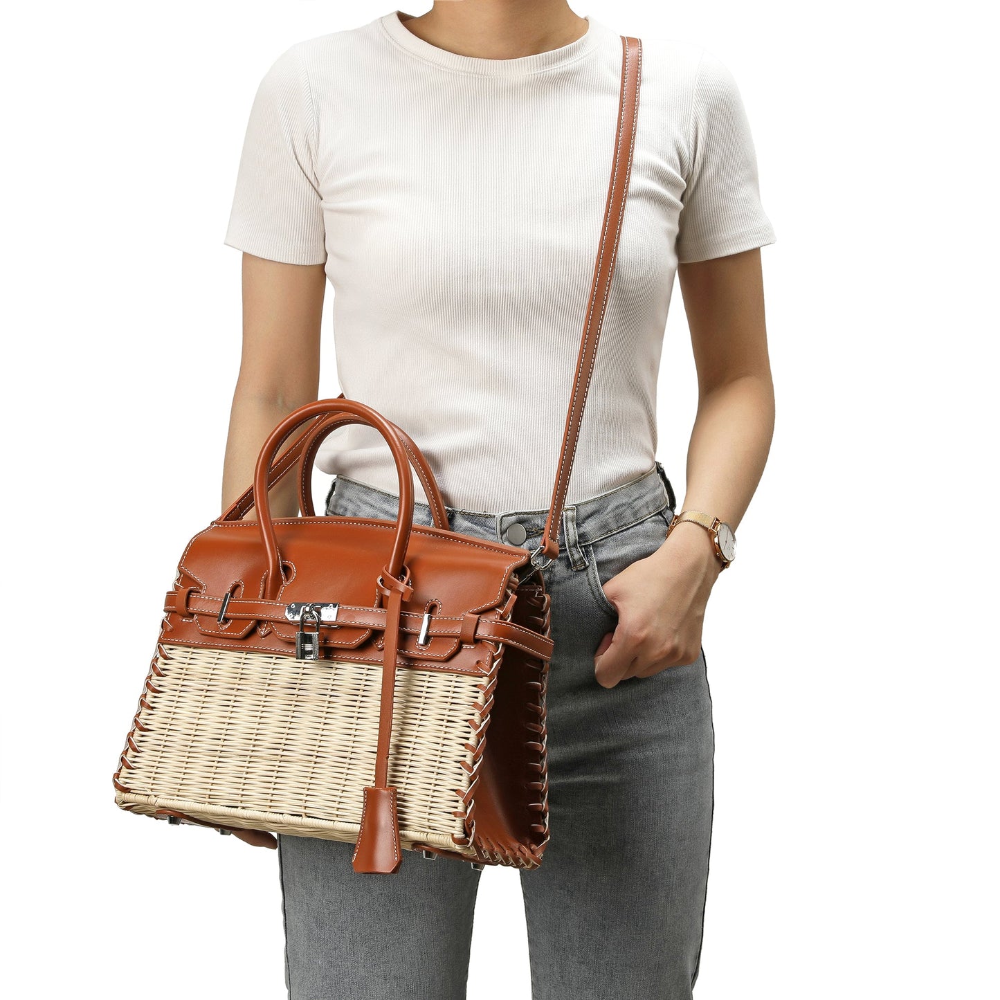 Smooth-Leather & Straw Top-Handle Bag