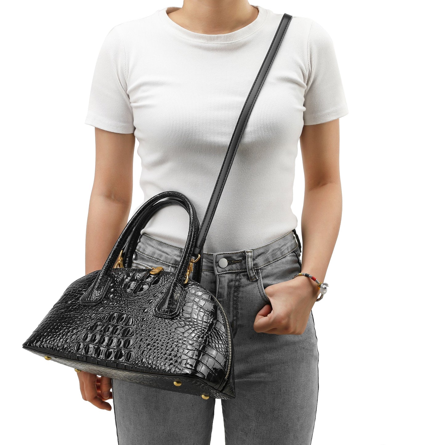 Alligator Embossed Leather Bowling/Shoulder Bag