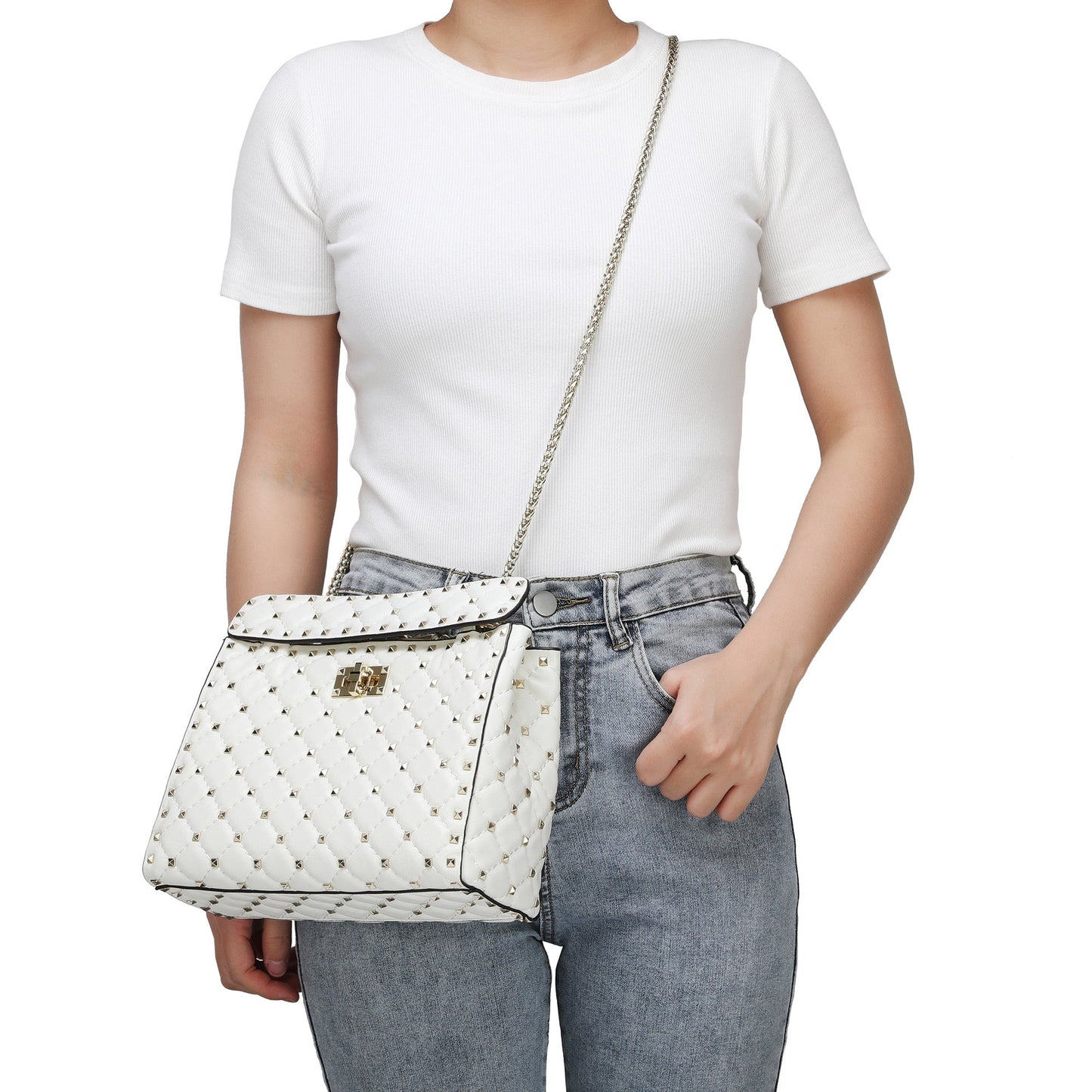 Quilted & Studded Lambskin Leather Shoulder Bag