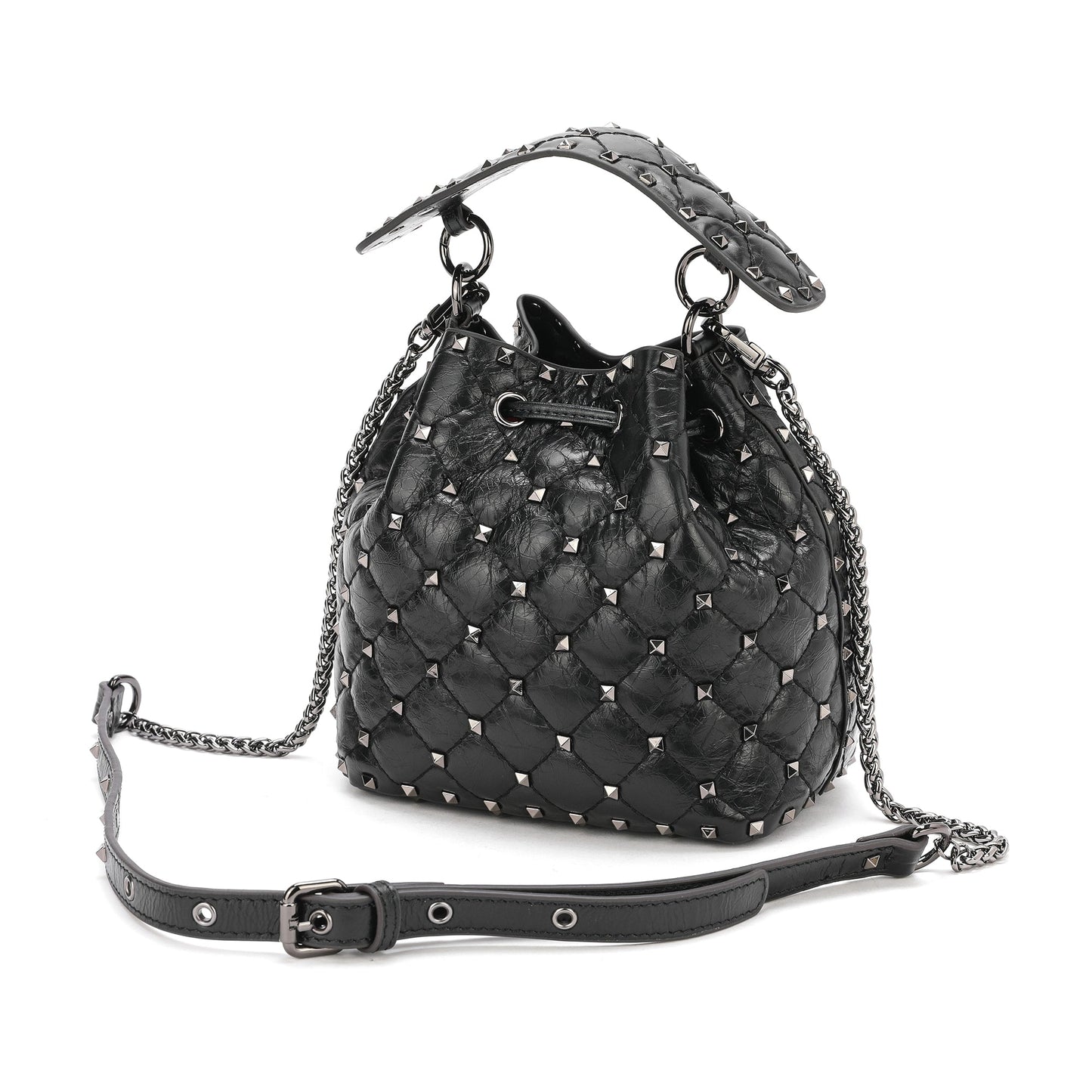 Quilted Studded Lambskin Drawstring Shoulder Bag