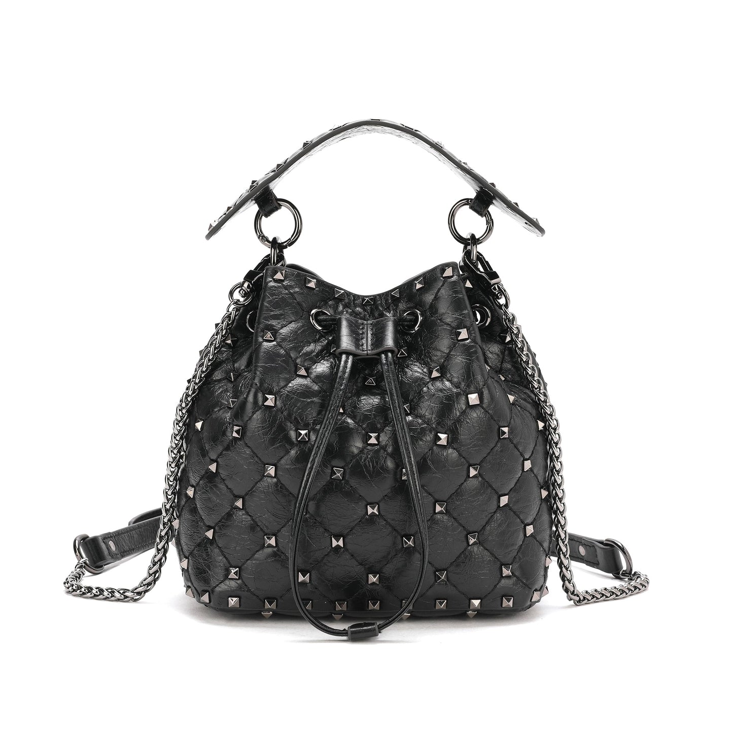 Quilted Studded Lambskin Drawstring Shoulder Bag