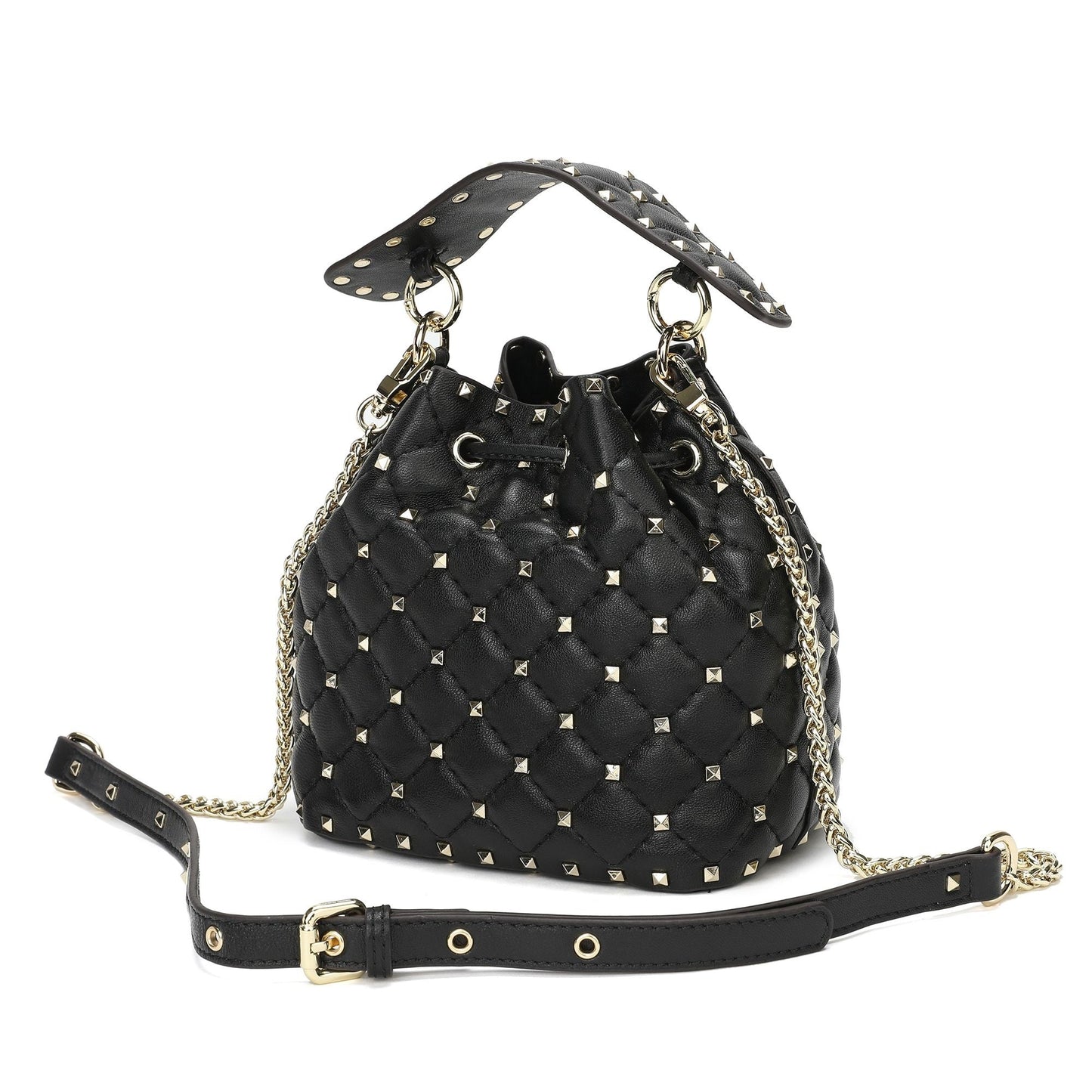 Quilted Studded Lambskin Drawstring Shoulder Bag