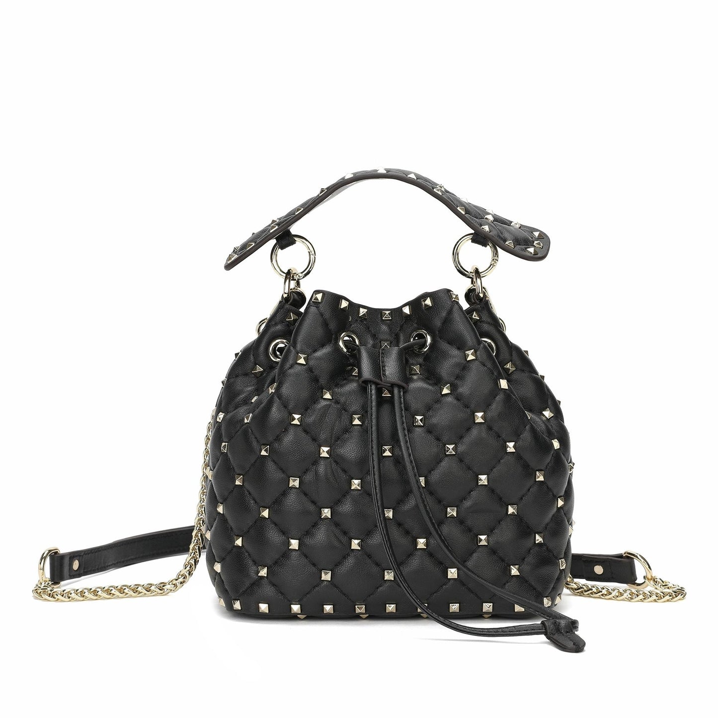 Quilted Studded Lambskin Drawstring Shoulder Bag