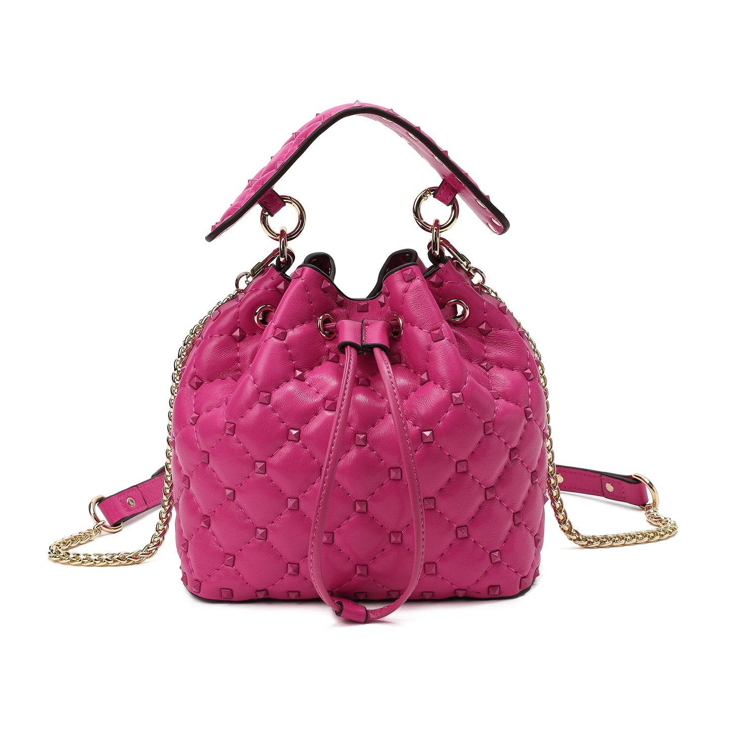 Quilted Studded Lambskin Drawstring Shoulder Bag