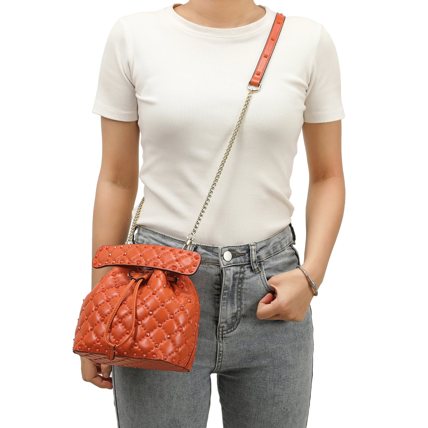 Quilted Studded Lambskin Drawstring Shoulder Bag