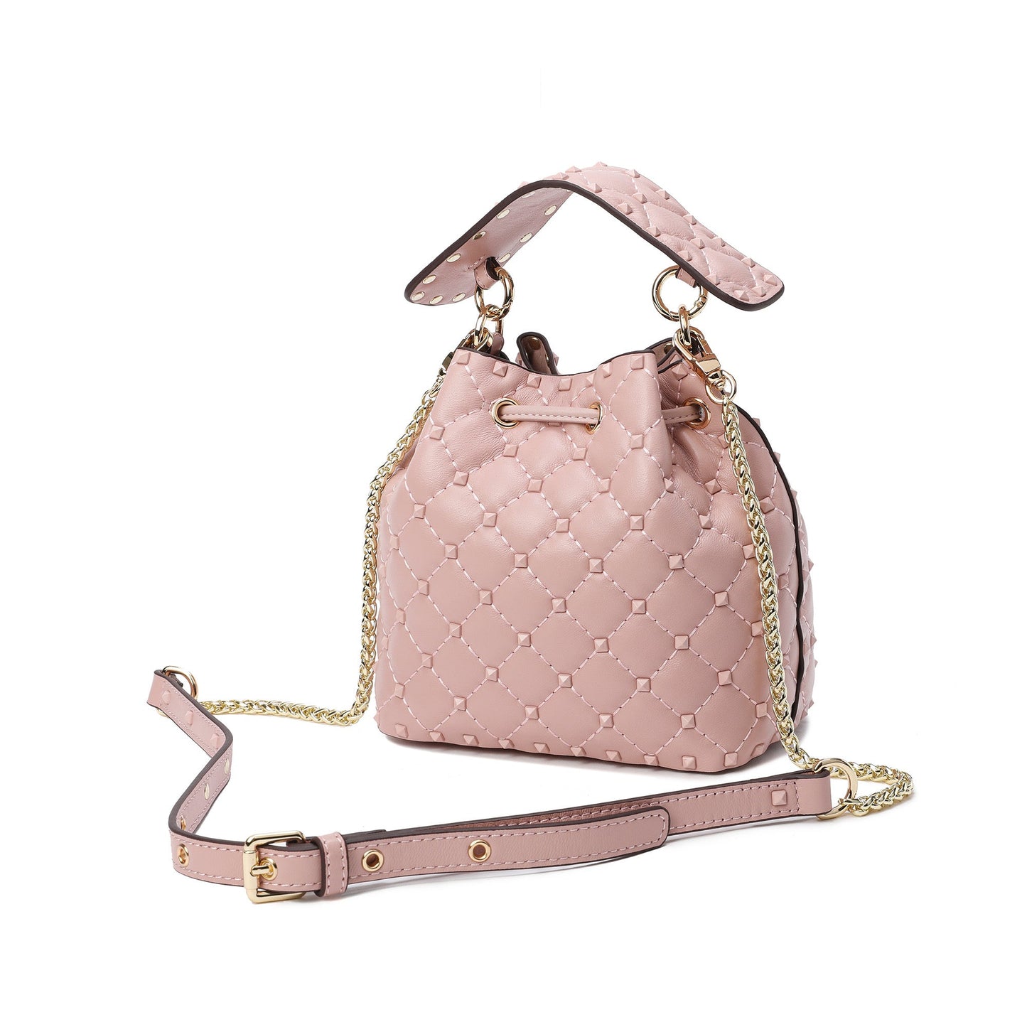 Quilted Studded Lambskin Drawstring Shoulder Bag