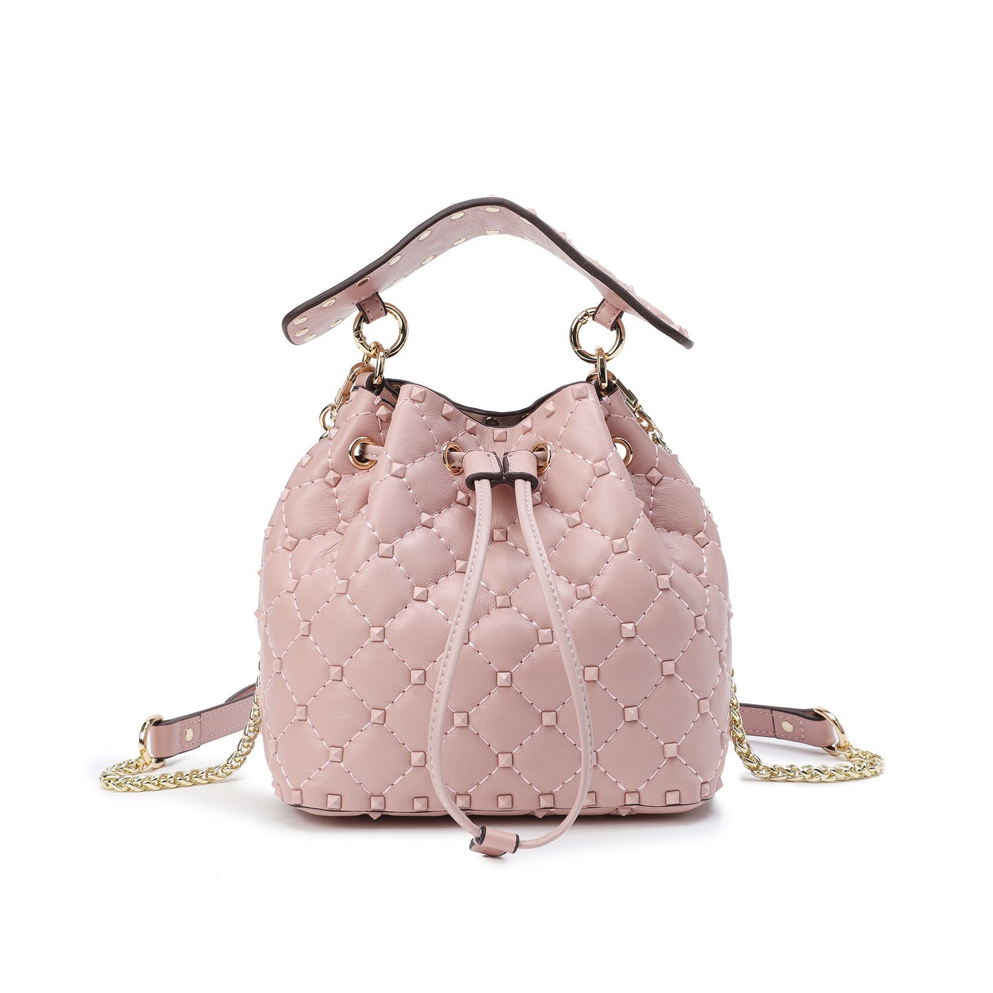 Quilted Studded Lambskin Drawstring Shoulder Bag