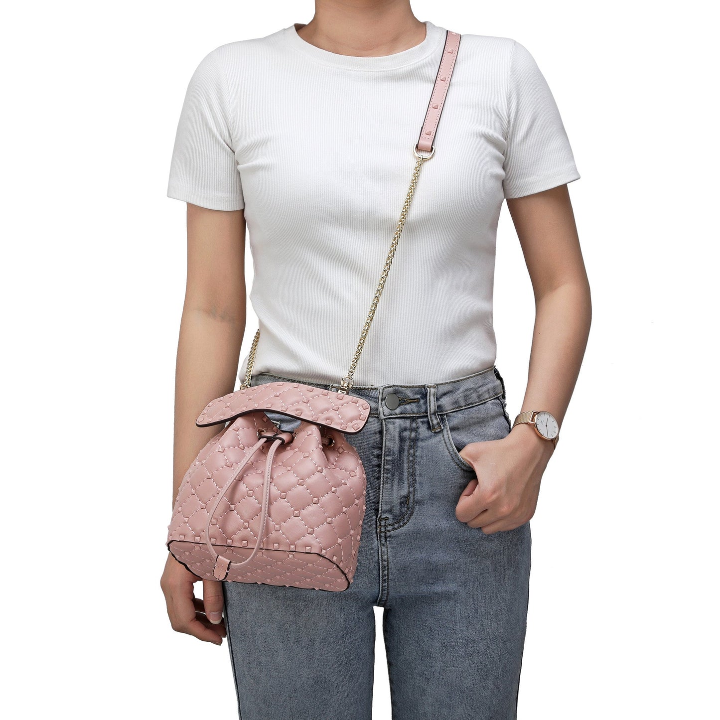 Quilted Studded Lambskin Drawstring Shoulder Bag