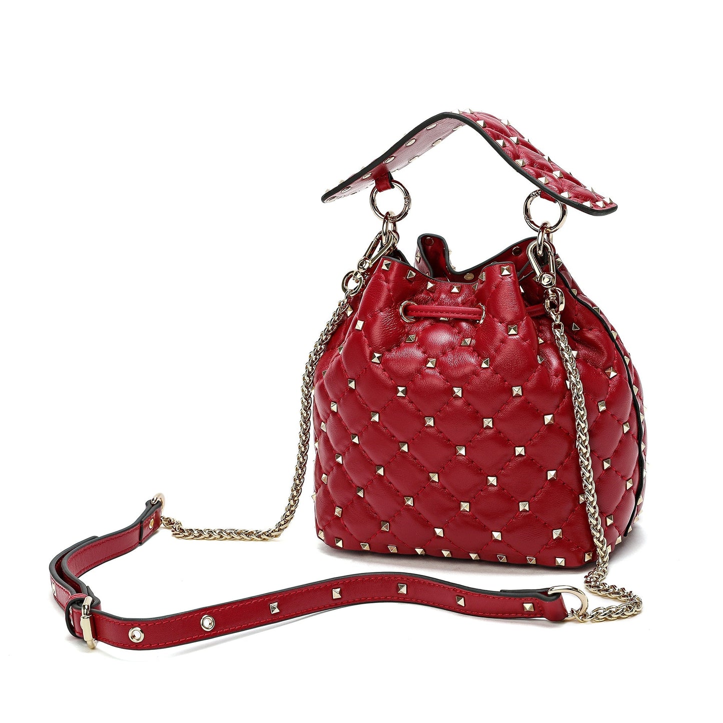 Quilted Studded Lambskin Drawstring Shoulder Bag