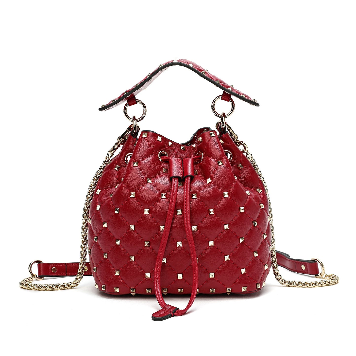 Quilted Studded Lambskin Drawstring Shoulder Bag